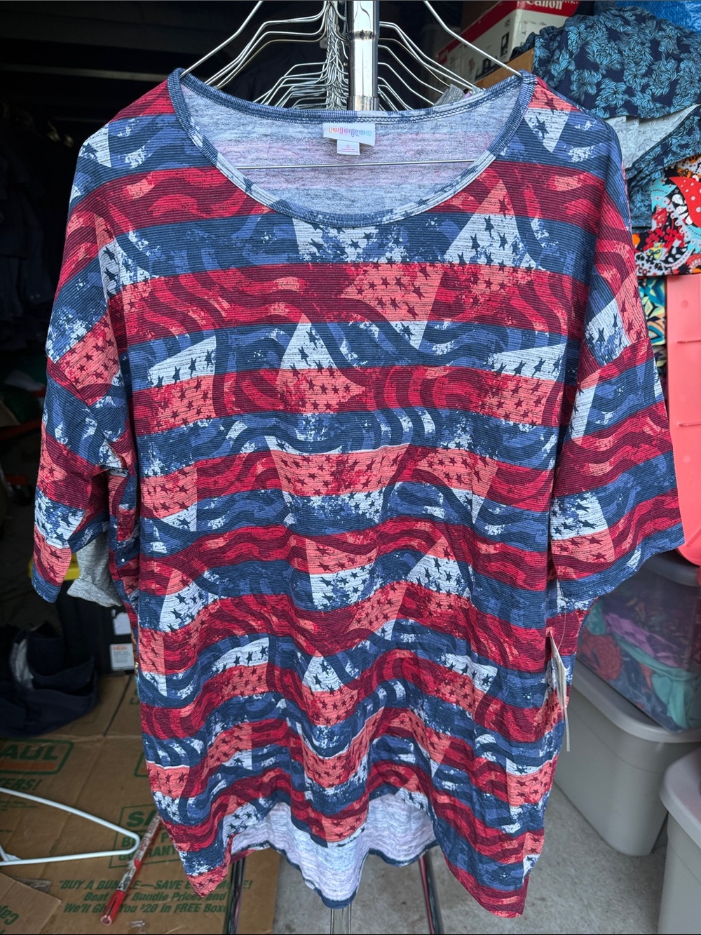 LuLaRoe Red and Blue Striped Scoop Neck Tee